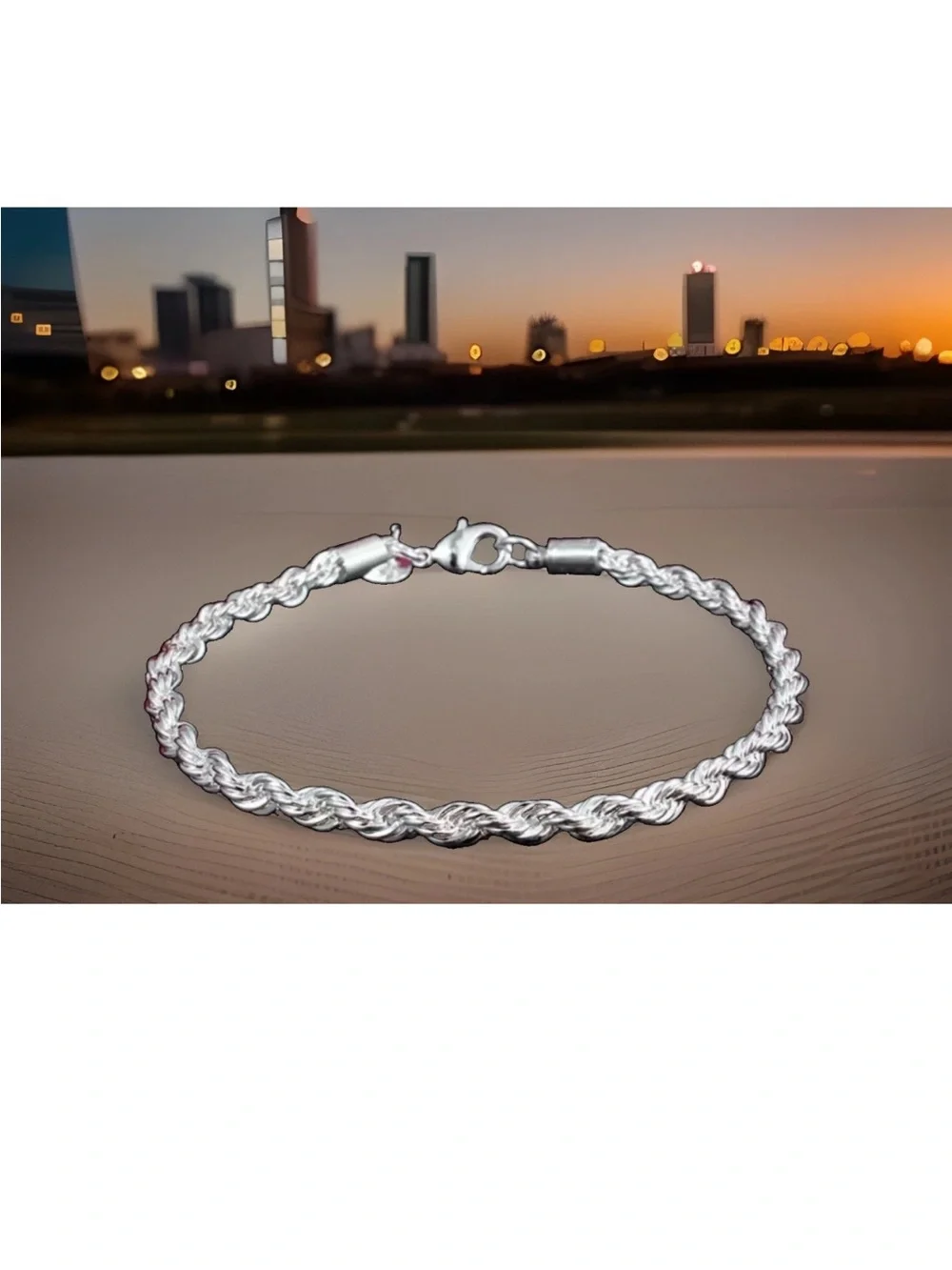 Unisex Silver-Plated Rope Chain Bracelet 7.5” Lobster Clasp Vintage-Style
